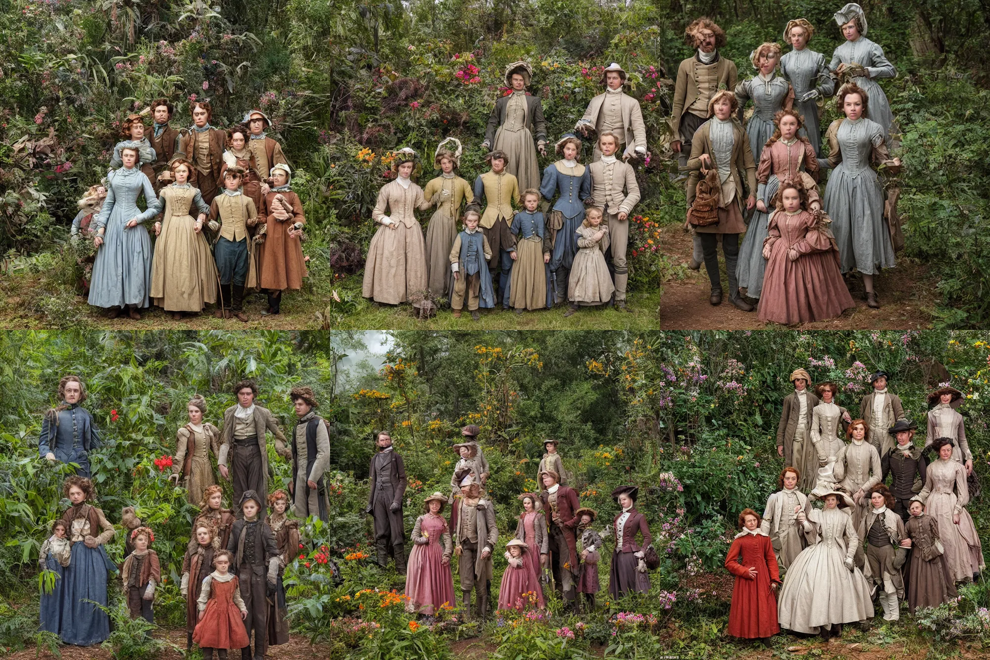 Prompt: highly detailed, 36864k film, 175000mm film still from a sci fi blockbuster color movie made in 2019, set in 1860, of a family standing in a park, next to some strange alien plants and flowers, on an alien planet, the family are all wearing 1860s era clothes, good lighting, enhanced faces, 700mm f/1.4L lens