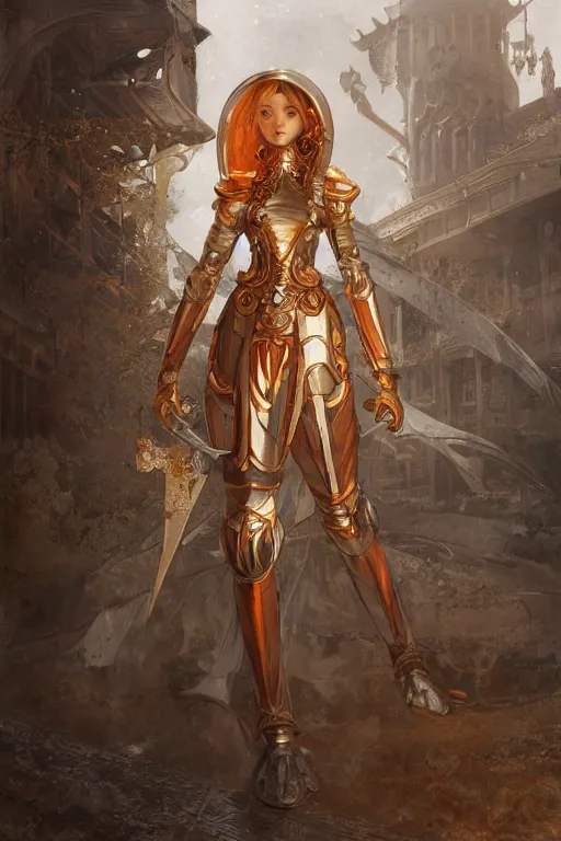 Image similar to portrait knights of Zodiac girl, metalic orange and silver white reflected armor, in ruined Agora of Athens, ssci-fi, fantasy, intricate, very very beautiful, elegant, golden light, highly detailed, digital painting, artstation, concept art, smooth, sharp focus, illustration, art by tian zi and WLOP and alphonse mucha