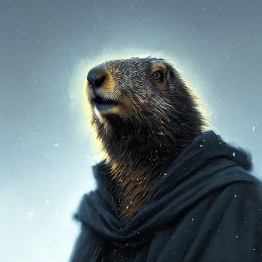 Image similar to portrait of a Marmot in a black cloak,  glowing eyes, detailed face, highly detailed, cinematic lighting, digital art painting by greg rutkowski.