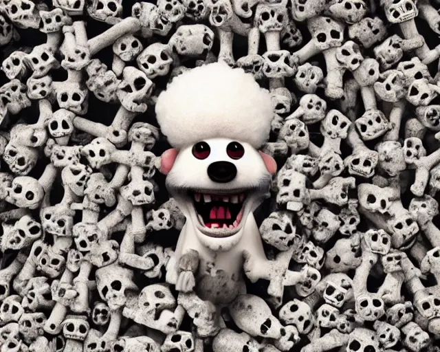 Prompt: Happy little puppy with bloody mouth stands atop a huge pile of human bones and skulls, whimsical render, cute, Pixar animation, movie still, 4k, 3d render, bold colors, wide angle