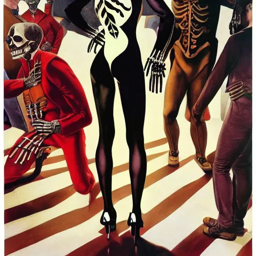 Image similar to portrait of a woman, wearing a skeleton catsuit, by alex ross and norman rockwell.