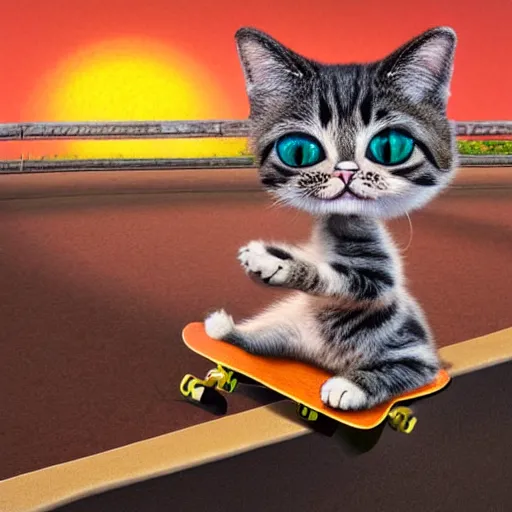 Image similar to Extremely cute and adorable 8k HD key visual of a cat skateboarding on a ramp at sunset, official media, lowbrow painting by Mark Ryden. The art style is quite chibi, with large heads and big wide eyes. 3D render diorama Macro photography