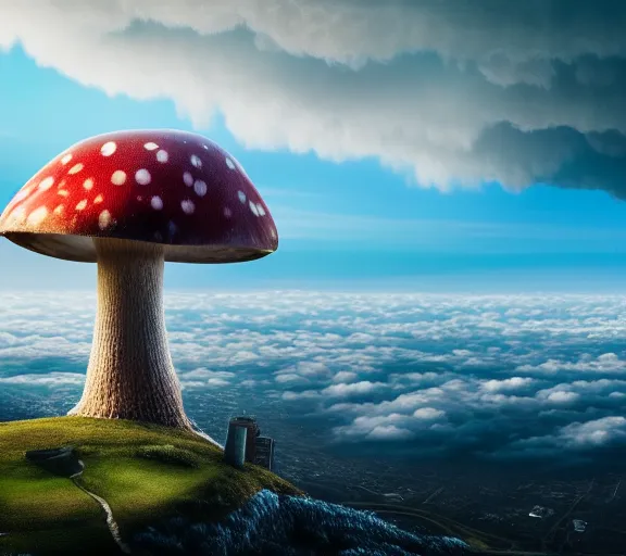 Image similar to a giant mushroom that has a city built on it and stretches above the clouds. highly detailed 8 k. intricate. lifelike. soft light. nikon d 8 5 0. cinematic post - processing