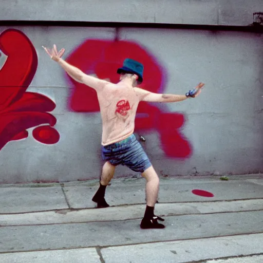 Prompt: 1990s candid photography of ugly dork wearing a fez hat breakdancing in public, cinematic, film grain, ultraviolet graffiti on walls