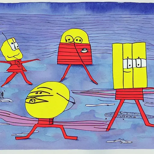 Image similar to A beautiful conceptual art. Reality becomes illusory and observer-oriented when you study general relativity. Or Buddhism. Or get drafted. watercolor & pen, Spongebob Squarepants by Jun Kaneko elaborate