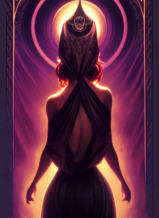 Image similar to book frontcover, side portrait, dark witch with black hood and evil eyes, realism, soft, smooth, luminescent, art nouveau tarot, backlit glow, colorful swirly ripples, gaudy colors, aesthetic octane render, unreal engine, 8 k, by artgerm, greg rutkowski, alphonse mucha