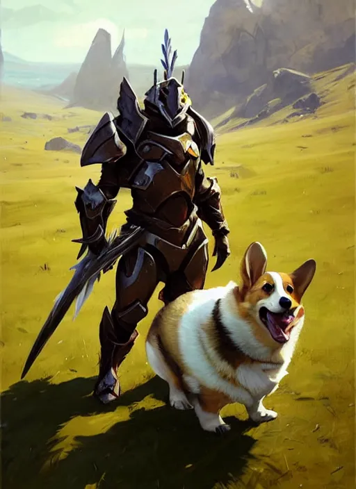 Image similar to Greg Manchess painting of a Corgi Charr from Guild Wars 2 wearing Forerunner Armor from Halo, countryside, calm, fantasy character portrait, dynamic pose, above view, sunny day, artwork by Jeremy Lipkin and Giuseppe Dangelico Pino and Michael Garmash and Rob Rey, very coherent asymmetrical artwork, sharp edges, perfect face, simple form, 100mm