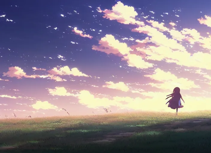Image similar to chase the wind and touch the sky, anime scenery by Makoto Shinkai