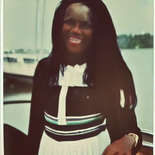 Image similar to a medium full shot, german and eastern european mixture polaroid photograph depicting a black woman with dark brown skin, long, swirling black hair, and jade colored eyes, on a sailing boat. she is wearing wearing a yachting dress ensemble in 1 9 8 2.