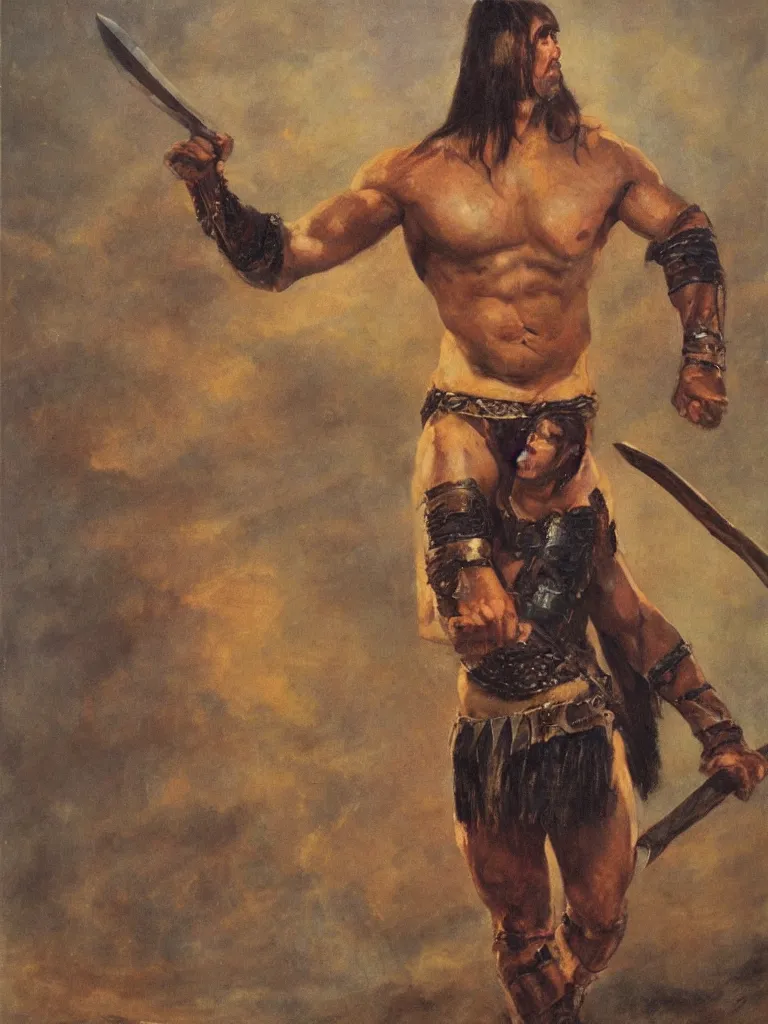 Prompt: a full body portrait of Conan the barbarian holding a sword, oil painting by Solomon j Solomon, hd, sharp focus,
