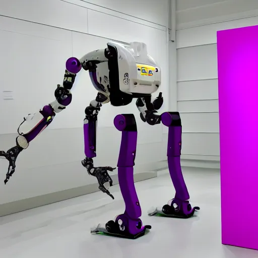 Prompt: a white boston dynamics robot spot with a purple leg in a gallery