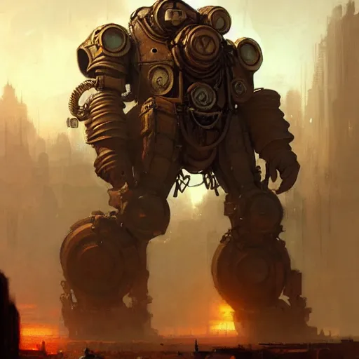 Prompt: concept art of a giant wearing steampunk power armor. illustration, gritty, roman, artgerm, by craig mullins, by gaston bussiere, by greg rutkowski, stylized, trending on artstation, intricate, digital painting, fantasy illustration