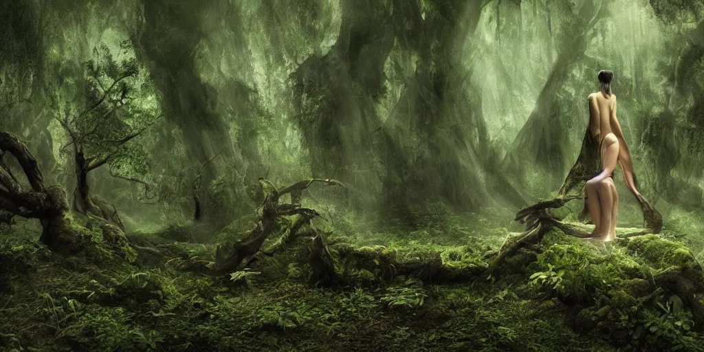 Image similar to A transcendal being having a ritual in a mysterious and lush forest, sci-fi, dark fantasy, wide shot