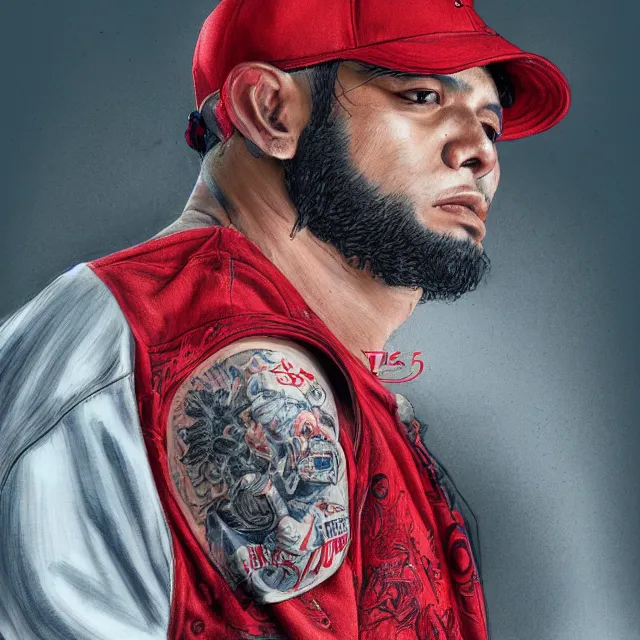 Image similar to the portrait of a los angeles blood's gang member wearing a red baseball cap, an ultrafine hyperdetailed illustration by kim jung gi, irakli nadar, intricate linework, bright colors, final fantasy, unreal engine 5 highly rendered, global illumination, radiant light, detailed and intricate environment