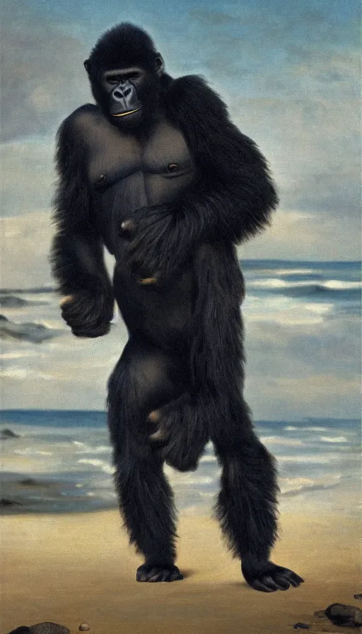 Image similar to Fuzzy gorilla on the beach, by Peder Krøyer, golden hour, dramatic lighting, volumetric lighting, intricately detailed, canvas print