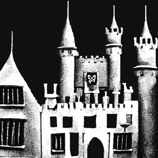 Prompt: demon all black house cat sitting on top of a castle, style of kentaro miura!!!!, black and white