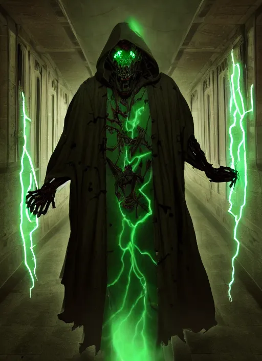 Prompt: character and environment design, biomechanical arcanist on library hallway, tattered robe and hood, green lightning, fog, scary, arrogant, hostile, photorealistic, cinematic, hyper realistic, octane render, 8 k, wide angle