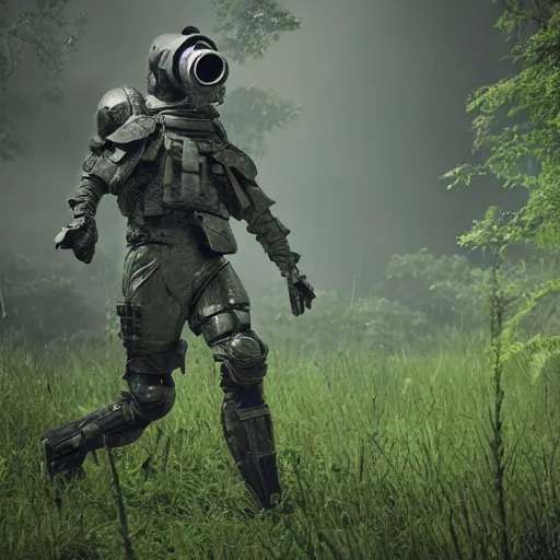 Image similar to a heavily armored man wearing a gasmask, walking through a lush jungle, realistic octane render, ray traced, god rays, extremely high detail