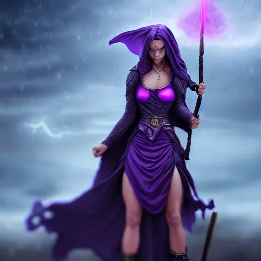 Prompt: a woman in a purple dress holding a staff and dark magic, storm and rain behind her, action scene, magical concept art, artstation contest winner, fantasy art, dark and mysterious, artstation hd, detailed, 8 k, digital art