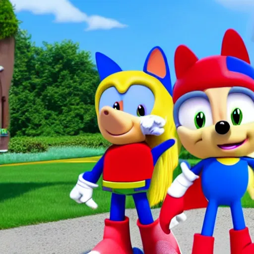 Image similar to sonic, peppa pig and the paw patrol crossover episode, cartoon network stillframe, good looking, hd, 4 k, hdr, smooth, sharp focus, high resolution, award - winning