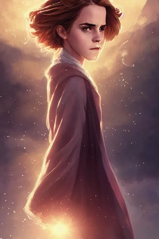 Image similar to Poster artwork, Emma Watson as Hermione Granger, wearing hogwarts robes, magnificent, medium close up, details, sharp focus, elegant, highly detailed, illustration, by Jordan Grimmer and greg rutkowski and PiNe(パイネ) and 薯子Imoko and 香川悠作 and wlop!!!! and maya takamura, intricate, beautiful, sunset!!!, Trending artstation, pixiv, digital Art