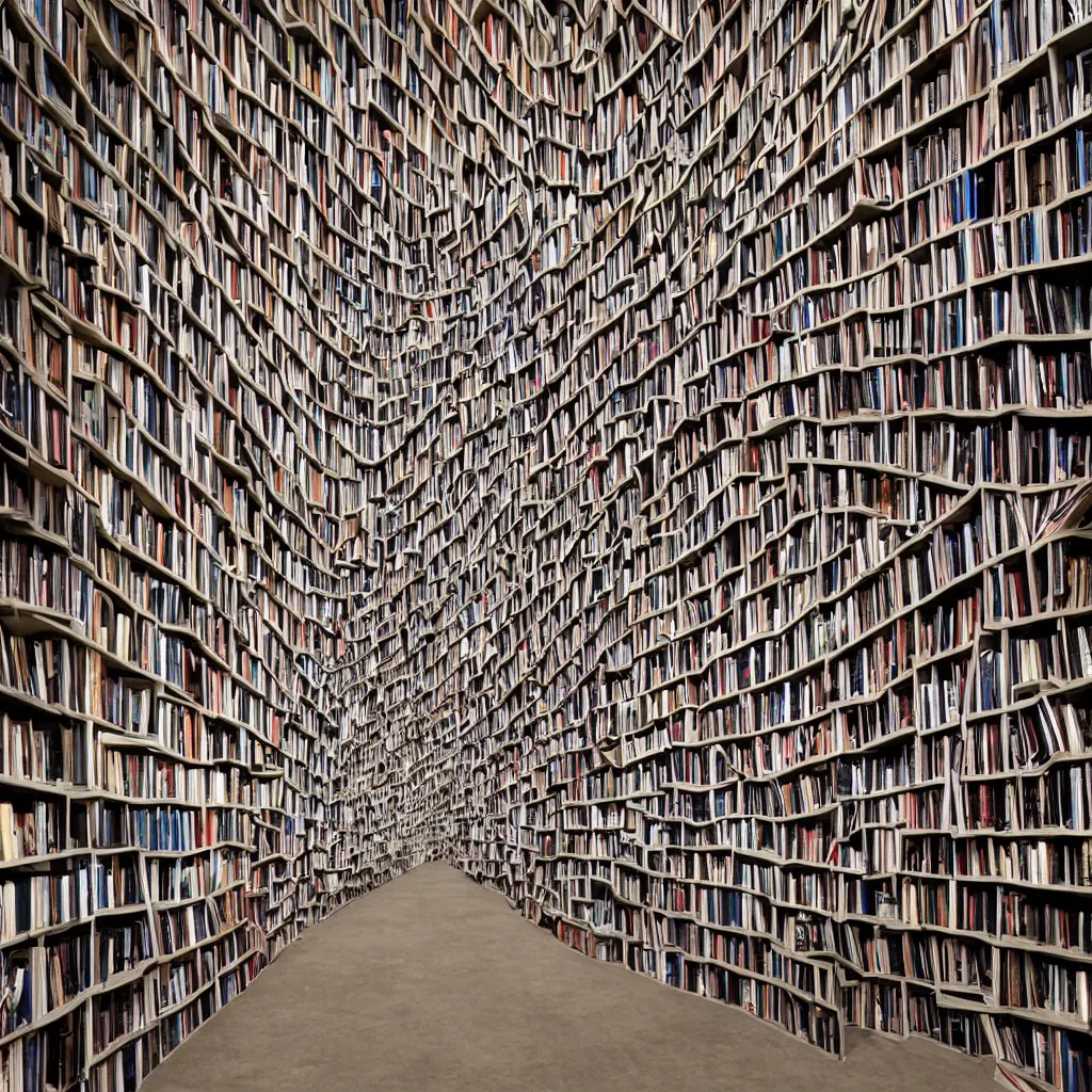 Prompt: infinite tunnel made of bookshelfs, professional award winning photograph,