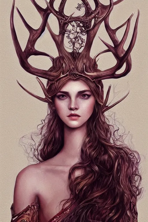 Prompt: young woman with antlers, sad eyes, fantasy, intricate, highly-detailed, elegant, dramatic lighting, gorgeous face, sexy gown, lifelike, photorealistic face, digital painting, artstation, illustration, concept art, smooth, sharp focus, art by Jude Palencar, John Collier and Albert Aublet and Krenz Cushart and Artem Demura and Alphonse Mucha