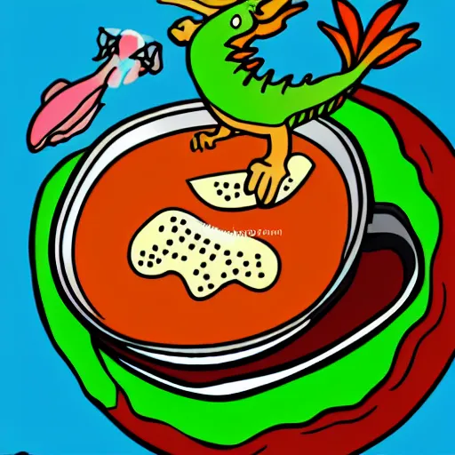 Prompt: dragon swimming on a plate of soup cartoon style