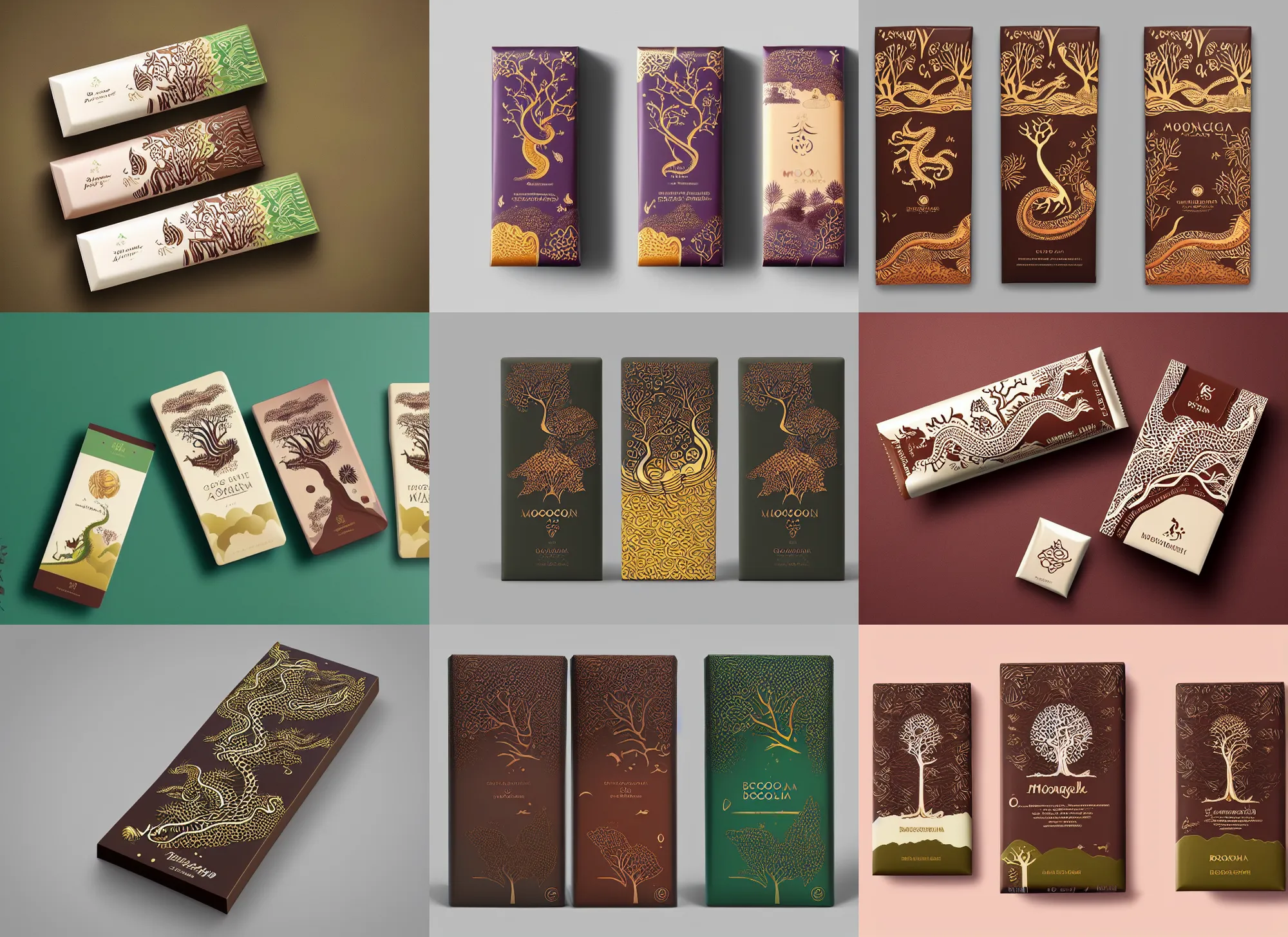 Prompt: conceptual designer chocolate bar packaging, inspired by moonlit socotra island with dragon trees, midsommar color theme, kerala motifs, label design, behance, pinterest, packaging of the world, award, front label, premium quality, packaging design, octane render