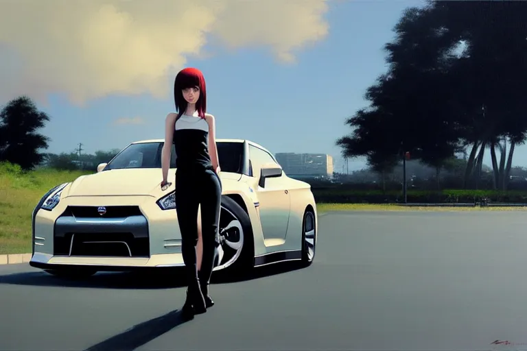 Image similar to A ultradetailed beautiful panting of a stylish girl standing in front of a Nissan GTR, Oil painting, by Ilya Kuvshinov, Greg Rutkowski and Makoto Shinkai