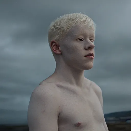 Image similar to color portrait of an albino male by emmanuel lubezki