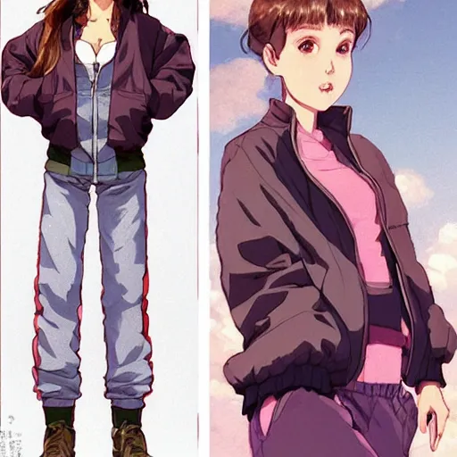 Image similar to a beautiful! boyish! natalie portman alluring gravure! model, wearing oversized mayan bomber jacket and leotard with overalls, bulky poofy bomber jacket with mayan patterns, gapmoe yandere grimdark, trending on pixiv fanbox, painted by greg rutkowski makoto shinkai takashi takeuchi studio ghibli, akihiko yoshida