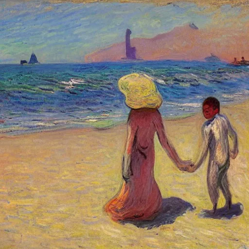 Prompt: a mummy and a werewold holding hands on ipanema beach by monet