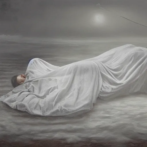 Image similar to ominous bedsheet ghost floating above a frozen lake, oil painting, brush strokes, gloomy foggy atmosphere, symmetrical, full body image, highly ornate intricate details,