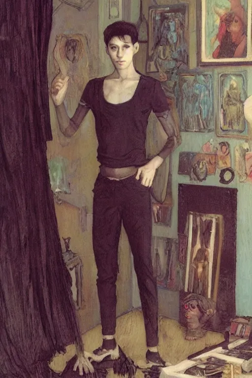 Image similar to a skinny goth guy standing in a cluttered 9 0 s bedroom, full body character concept art, vaporwave colors, jules bastien art,