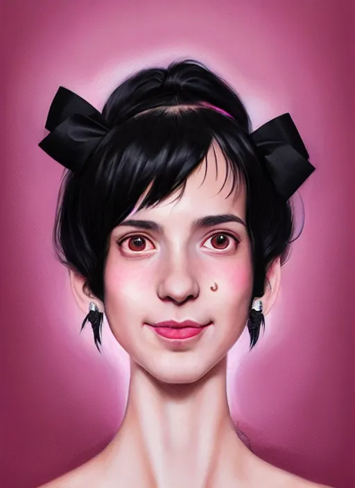 Image similar to portrait of high school girl, realistic, black hair, bangs, half updo hairstyle, pointy nose, skinny, smile, ugly, defined jawline, big chin, pink hair bow, earrings, intricate, elegant, glowing lights, highly detailed, digital painting, artstation, sharp focus, illustration, art by wlop, mars ravelo and greg rutkowski