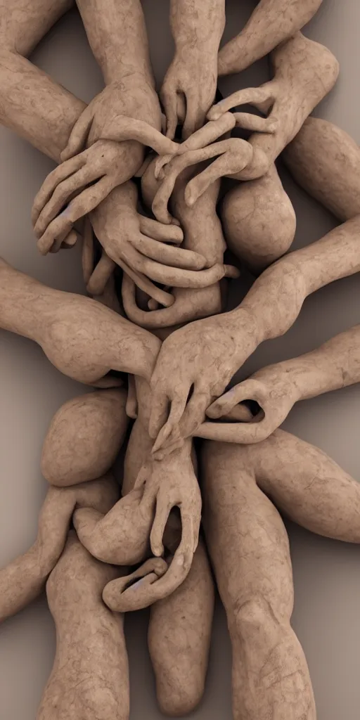 Image similar to closeup photograph of a surrealist sculpture human bodies intertwined, a lovely cornucopia of flowers and human body parts, body parts, made of clay, earth tones, muted color palette, skin tones, highly detailed, octane render, cinematic