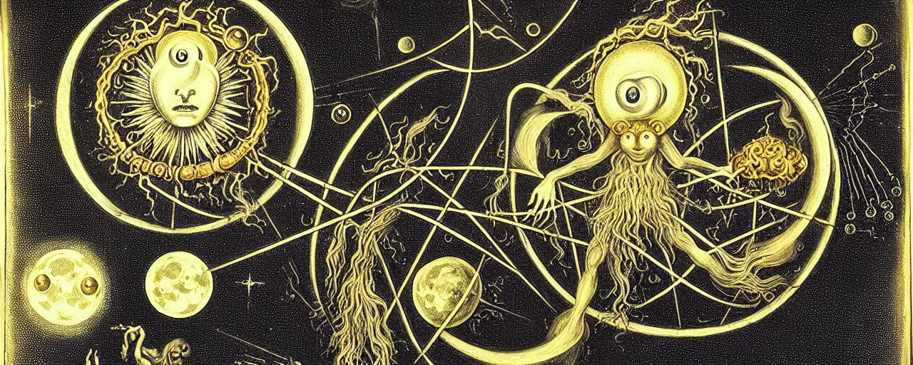 Image similar to a strange alchemical homunculus creature with a mouth of gold radiates a unique canto'as above so below'to the moon, while being ignited by the spirit of haeckel and robert fludd, breakthrough is iminent, glory be to the magic within, in honor of saturn, painted by ronny khalil