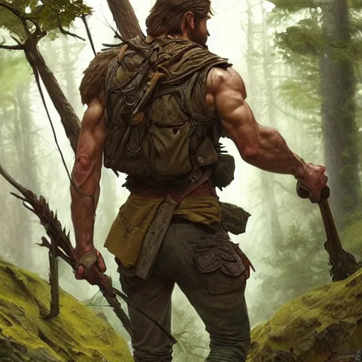 Prompt: Rugged male ranger running through the forest, masculine, D&D, muscular, fantasy, intricate, elegant, highly detailed, digital painting, artstation, concept art, smooth, sharp focus, illustration, art by artgerm and greg rutkowski and alphonse mucha