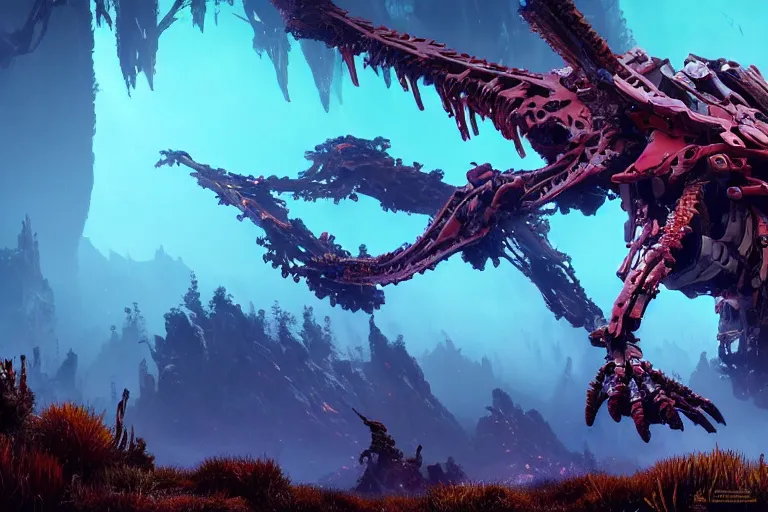 Image similar to wide epic shot. a hyper detailed fanghorn evangelion realistic mechanical and organic creature similar look as horizon forbidden west horizon zero dawn, bioluminiscence in a dark deep forest at dawn in spring, with reflection and textures, by kilian eng, substance painter reaslitic mech surface metal painted scratches, world env from horizon forbidden west horizon zero dawn