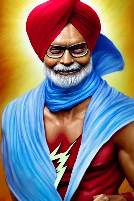 Prompt: Manmohan Singh as Flash, Flash costume, Manmohan Singh blue turban, Flash body type, Manmohan Singh Face, calm, lightnig speed, grumpy, portrait, masculine figure, highly detailed, digital painting, artstation, concept art, smooth, sharp focus, illustration, cinematic lighting, art by artgerm and greg rutkowski and alphonse mucha