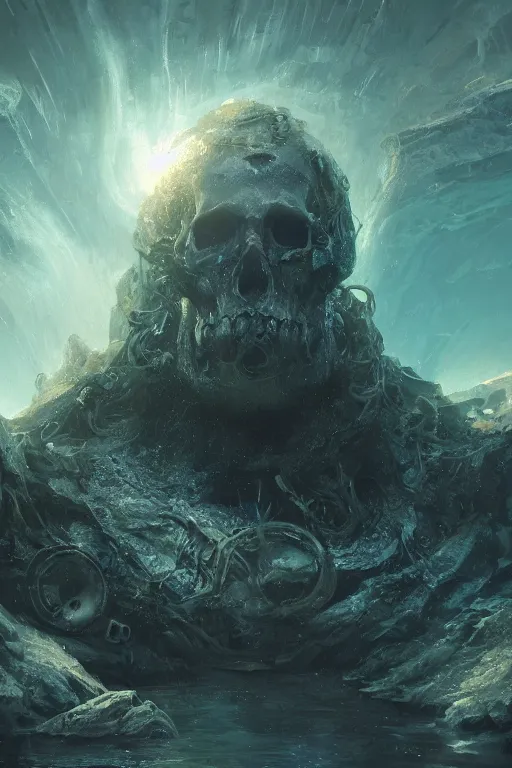 Image similar to atlantis skull, close - up portrait, powerfull, intricate, elegant, volumetric lighting, scenery, digital painting, highly detailed, artstation, sharp focus, illustration, concept art, ruan jia, steve mccurry