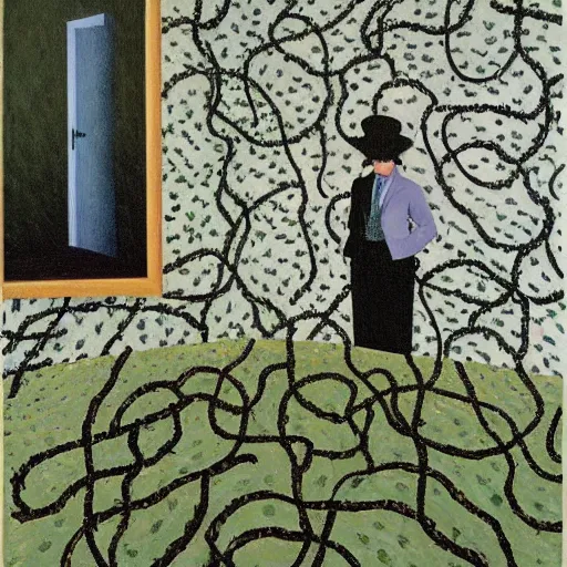 Prompt: portrait of an artist in her apartment, wrapped in vines, stones, black walls, puddles, moss, acrylic on canvas, by magritte and monet