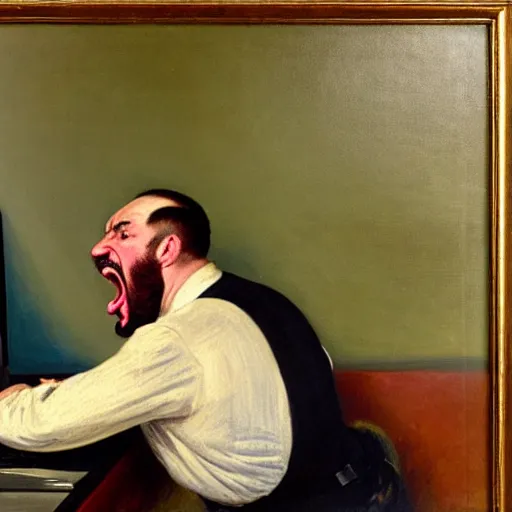 Image similar to an angry man yells at his computer monitor, oil on canvas, 1 9 0 1