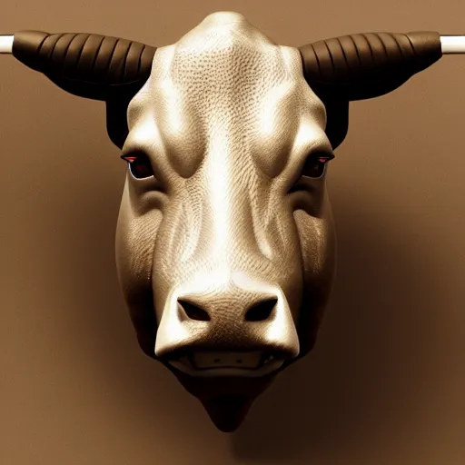 Image similar to a bull android modeled after a bull looking into the camera, android, cyborg, half body, intricate, 3 d, hyper realism, fantasy, depth of field, octane render, symmetrical, highly detailed, digital art, artstation, concept art, cinematic lighting, trending