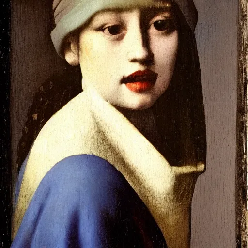 Prompt: A portrait created by Johannes Vermeer of a young woman, delicate and serene, in muted colors.