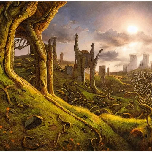 Prompt: art in the style of James Christensen, a panorama of a ruined fortress built with trees, inhabited by elves and faeries, with the lighting reflecting the sunset , intricately detailed