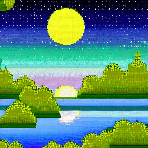 Image similar to night sky reflected in the water, landscape pixel art