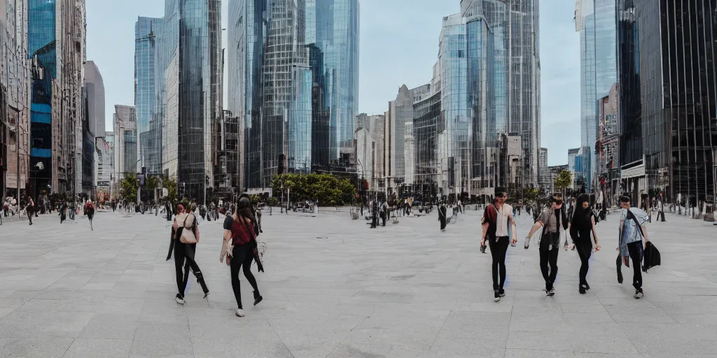 Prompt: three people are walking in the city, wide - shot, professional color photograph