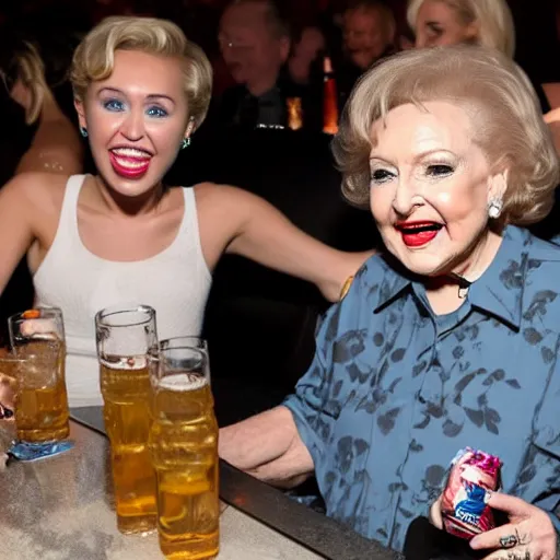 Prompt: betty white drinking white claw with miley cyrus